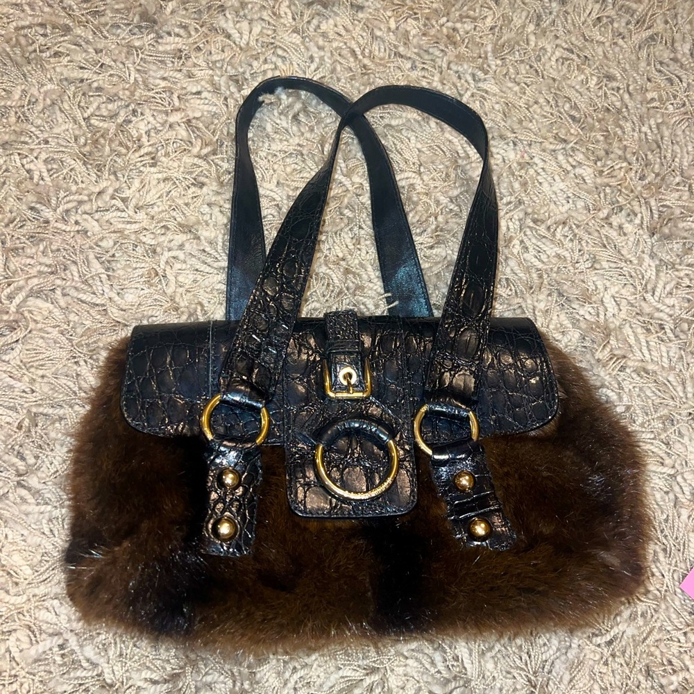 D&G dolce & gabbana brown mink with black crocodile leather detail